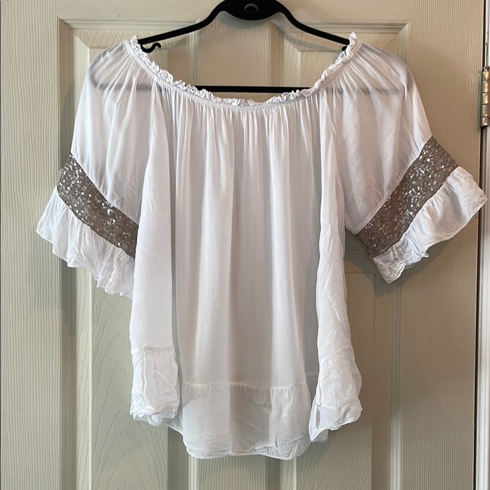 White Relaxed off the shoulder top with  Silver Accents purchased in Italy